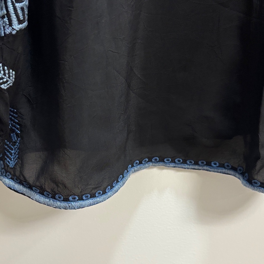 Johnny Was Black lightweight Blouse with Multicolor Embroidery XL tie at neck - Picture 6 of 15